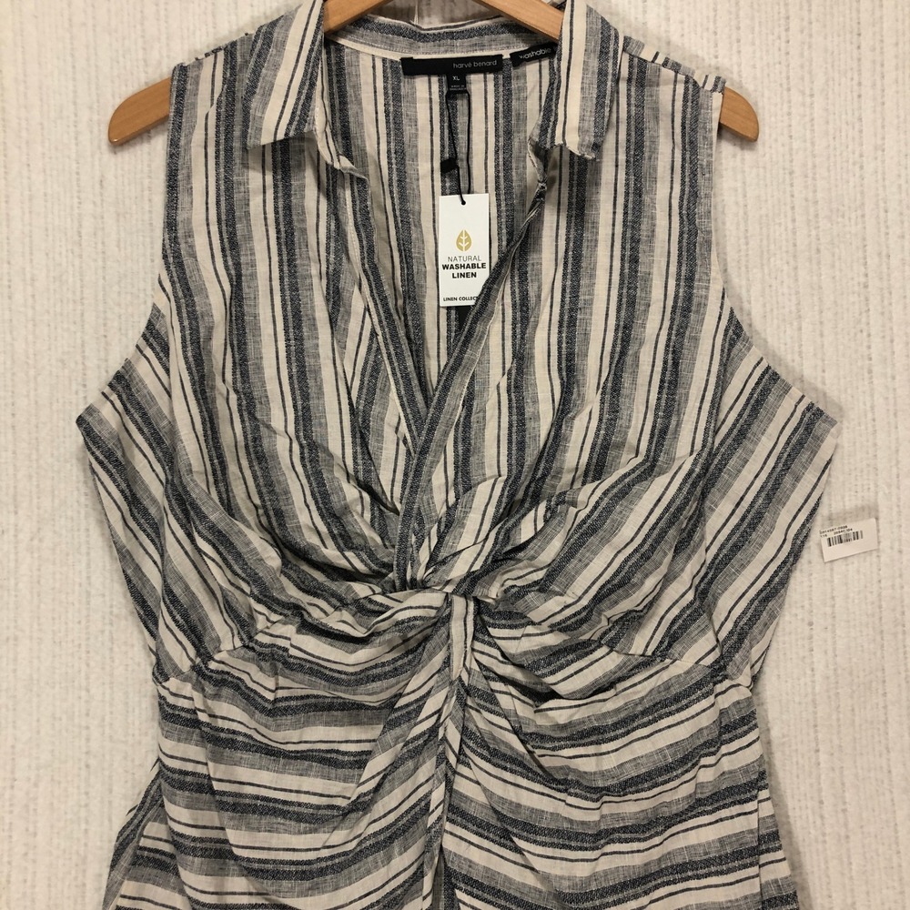 Harve Benard XL Sleeveless Linen Blend Striped Twist Front Top Blouse Shirt